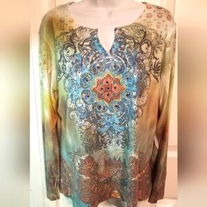 Kiara Blue and Green Graphic Blouse with Long Sleeves